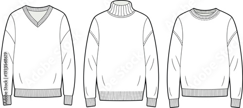 Three Different Styles of White Sweaters with Ribbed Cuffs and Collars ribbed collar v-neck
