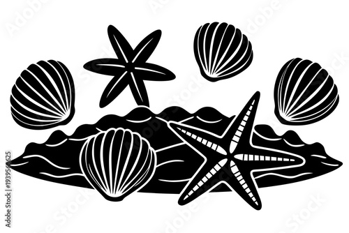 Black and white nautical design featuring starfish, clamshells, and waves for ocean-themed decorations
