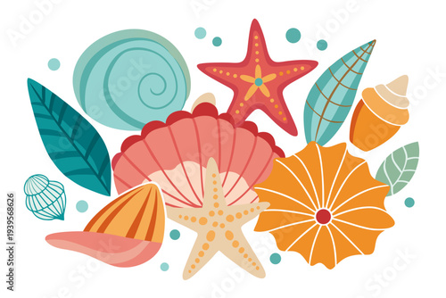 Colorful seashell and starfish collection with ocean-themed design featuring varied shapes and patterns on a clean white background