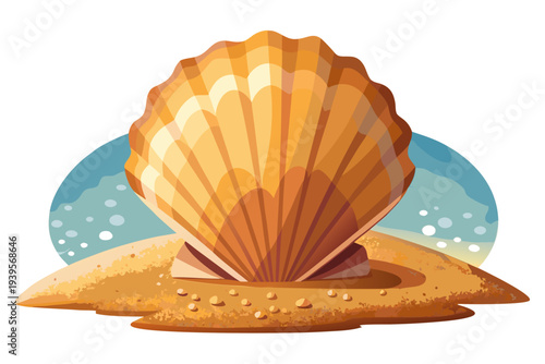 Vibrant seashell on sandy beach with background waves and ocean horizon in bright coastal art design