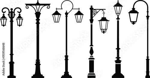 Street, lamp, silhouette, set, vintage, lantern, post, outdoor, lighting, city, garden, classic, vector, antique, iron, park, light, urban, collection, design.