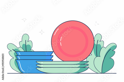 Colorful ceramic dishes and leafy greenery arrangement: vibrant plates and bowls with minimalist botanical design