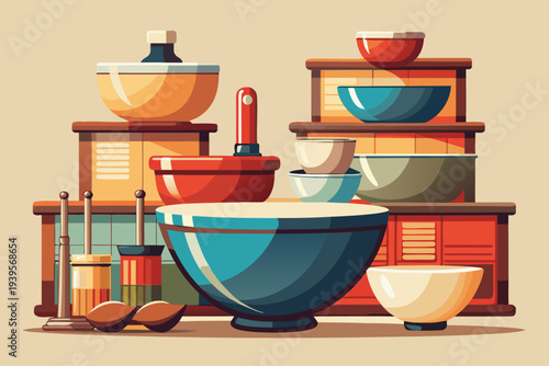 Colorful retro kitchenware collection featuring stacked bowls, containers, and utensils against a beige background