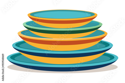 Colorful nested bowls in stacked arrangement featuring vibrant blue, yellow, orange, and green circular designs on white background for kitchen decor ideas