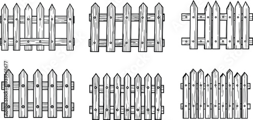 Collection of six different wooden picket fence designs in sketch style