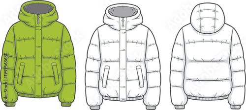 Three Different Views of a Green and White Padded Jacket with Hood and Zipper