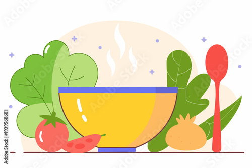 Vibrant yellow soup bowl with fresh vegetables and red spoon on minimalist background: greens, tomatoes, radish, modern culinary art