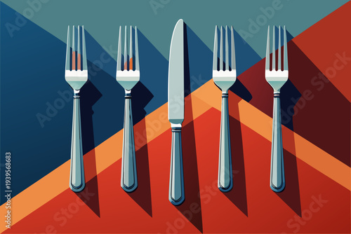 Geometric arrangement of silverware: symmetrical forks and knife on colorful triangular background with shadows