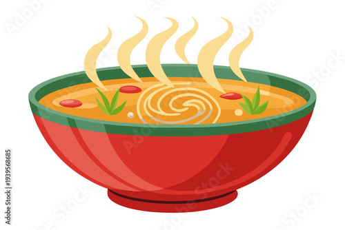 Steaming bowl of noodle soup with vegetables and herbs in a red bowl for comforting, warming asian cuisine experience