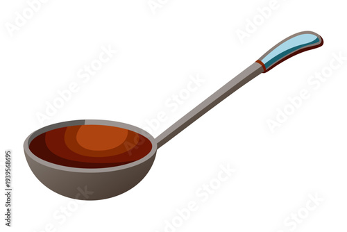 Detailed illustration of a stainless steel kitchen ladle with wooden handle on white background for cooking and culinary themes
