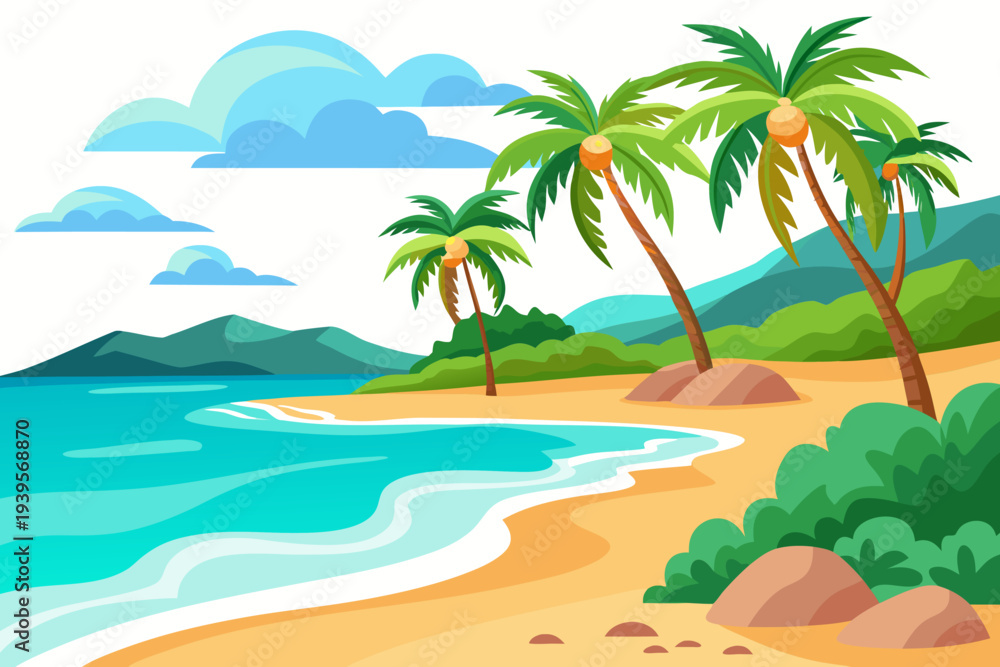 Fototapeta premium Tropical beach landscape with palm trees and clear blue ocean under a cloudy sky in a vibrant and serene coastal environment