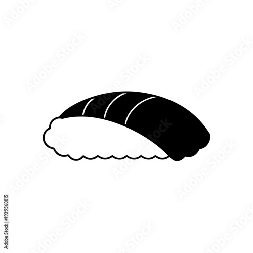 A stylized black and white illustration of a piece of sushi with rice and nori wrapping.