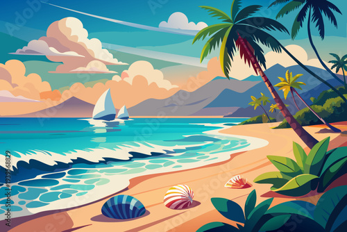Majestic tropical beach scene with swaying palms, vibrant seashells, and sailing boats at sunset with serene waves and lush mountain background