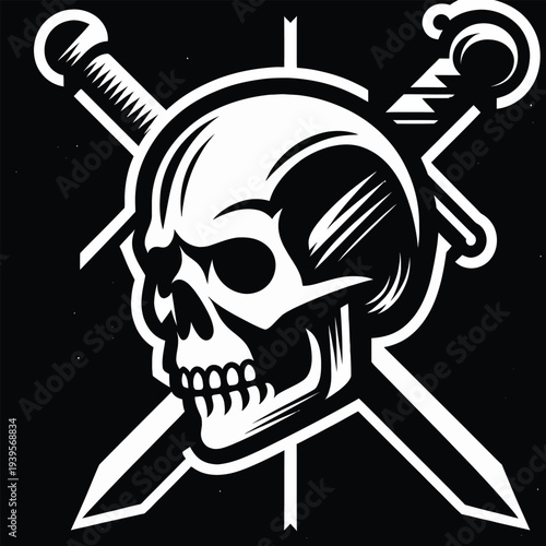 A black and white vector icon set featuring a skull with crossed swords behind it on a solid black background.