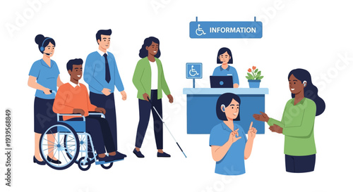 Accessible Customer Service: Diverse People with Disabilities Receiving Inclusive Support and Information. Vector Illustration of Inclusivity.