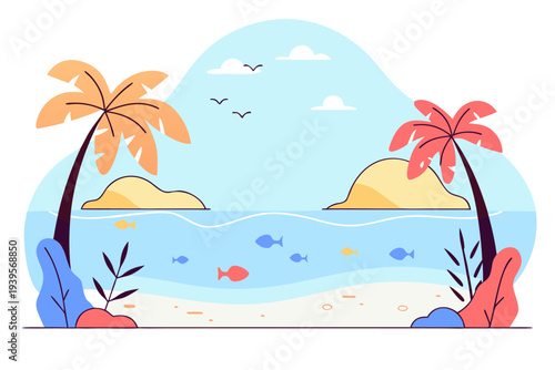 Vibrant tropical beach scene with palm trees, blue ocean, colorful fish, and sunny sky with clouds and birds in a minimalistic artistic style