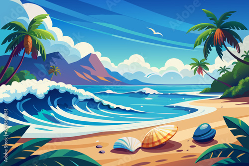 Vibrant tropical beach with rolling waves, colorful seashells, lush palm trees, and majestic mountains under a bright blue sky