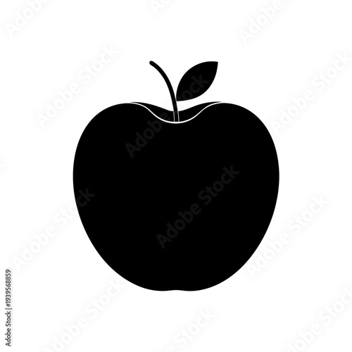 A minimalist black and white illustration of a single apple with a leaf.