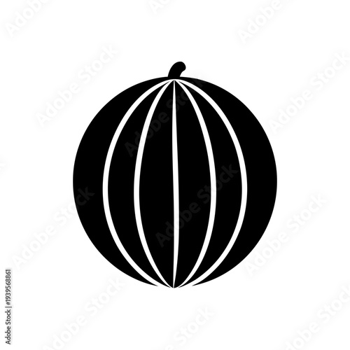 Black and white illustration of a ribbed spherical object resembling a pomelo or bauble