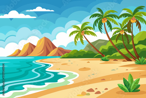Tropical beach paradise with palm trees, clear blue water, sandy shoreline, and mountainous horizon under a bright sky