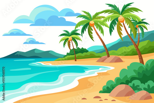 Tropical beach landscape with palm trees and clear blue ocean under a cloudy sky in a vibrant and serene coastal environment