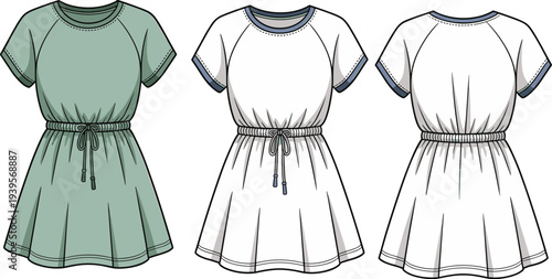 Three Dresses with Belted Waist and Short Sleeves in Green and White Color Variations green dress