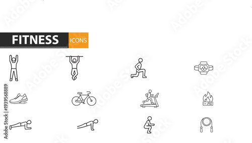 Fitness icons set including various exercise and workout illustrations