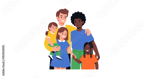 Happy Diverse Family with Two Fathers and Children - Modern Parenthood Flat Vector Illustration