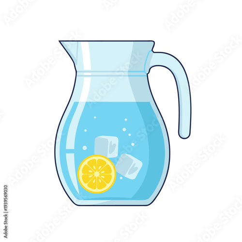 Refreshing glass pitcher of lemonade with ice and citrus slice on white background