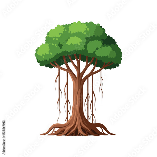 Lush green canopy banyan tree with extensive aerial roots and broad trunk on white background illustrating nature's majesty and strength