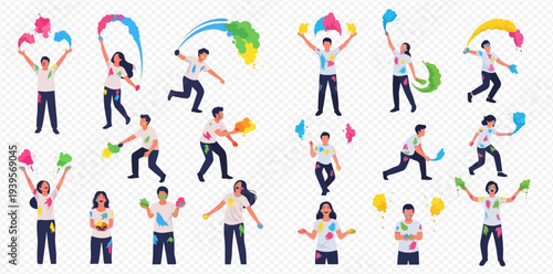 Set of diverse people celebrating Holi festival with colorful powder paint in various poses and actions.