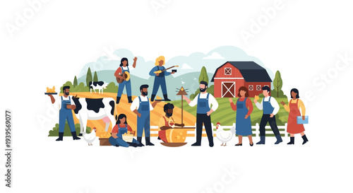 Diverse Farmers & Farm Workers Harvesting Produce, Tending Animals, and Working Together on a Sustainable Rural Farm - Flat Vector Illustration