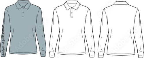Three Long Sleeve Polo Shirts in Blue and White with Different Views front view