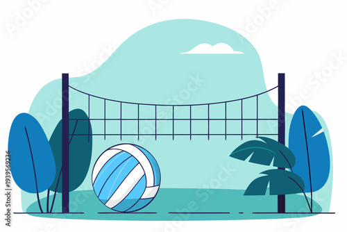 Illustration of a volleyball court with net and ball amidst blue and green trees, simplistic art style with calm and relaxing atmosphere