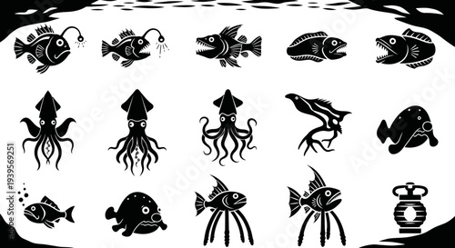 Black and White Sea Creatures Illustration Set.