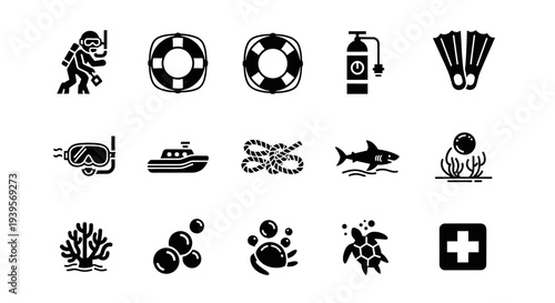 Collection of Black and White Marine Icons.