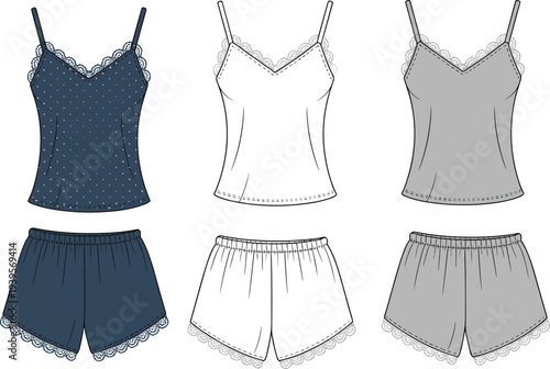 Three sets of women's sleepwear with tank tops and shorts in blue, gray, and white with lace trim details