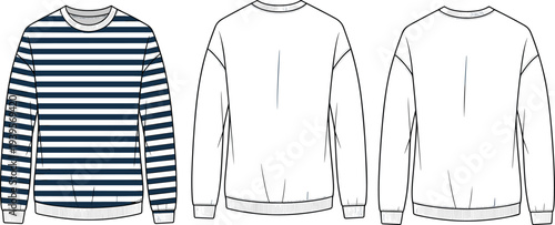 Three Long Sleeve Shirts with Horizontal Stripes and Plain in Blue and White striped