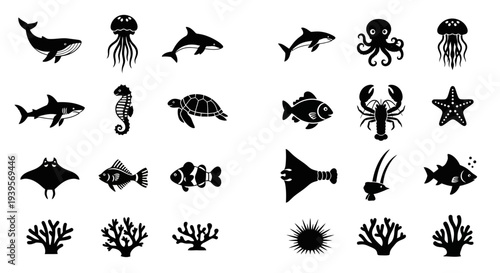 Collection of Black Silhouette Marine Life Icons.