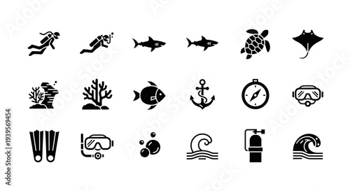 Collection of Black Sea Life Icons.