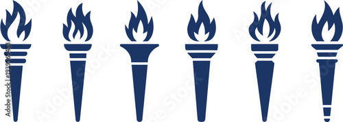 Six blue torch with flames on white background fire