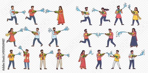 People celebrating Holi festival with water guns and colorful splashes.