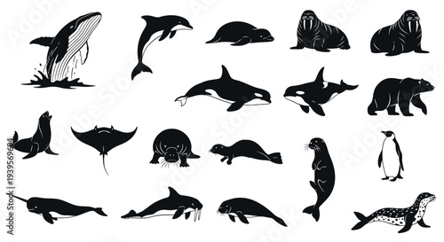 Collection of Silhouetted Marine Mammals and Animals.