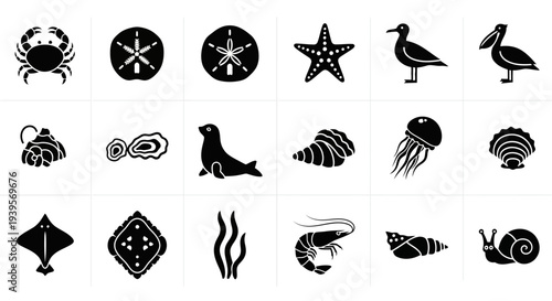 Collection of Simple Black Sea Creature Icons.