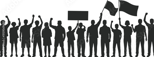 Protest crowd silhouette vector illustration showing diverse people holding flags and signs at political rally, social justice movement, strike demonstration.