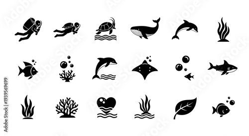Collection of Simple Black Sea Creature Icons.