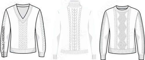 Three White Knitted Sweaters with Geometric Patterns and Ribbed Cuffs knitwear