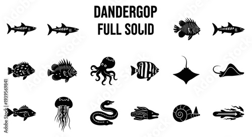 Collection of Various Black Sea Creature Silhouettes.