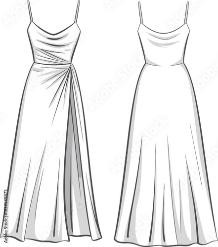 Two Long White Strapless Dresses with Different Bodice and Flowing Skirts