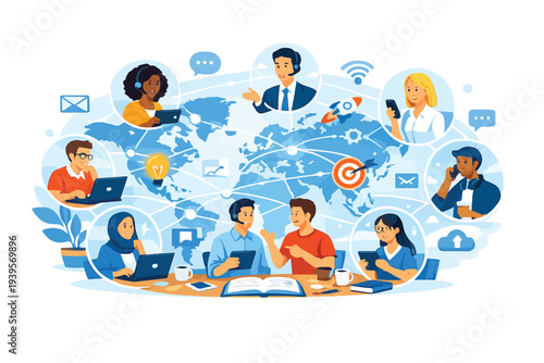 global communication network vector illustration, people connected around world map